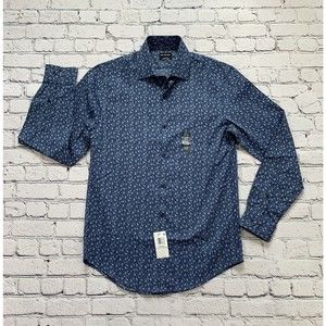 NWT Van Heusen Mens 14-14.5 32/33 Leaf Print Blue Button Up Dress Shirt Slim Fit